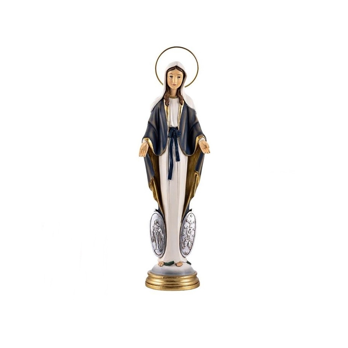 Virgen Milagrosa figura 30 cm. escultura medallas laterales resina ...